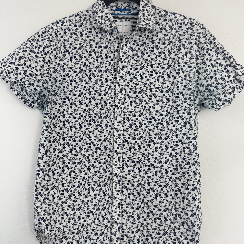 Denim & Flower Ricky Singh short sleeve blue Floral‎ shirt Men S Preppy Classic